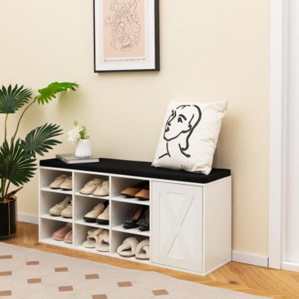 JV10089WH 9-cube Shoe Bench with Adjustable Shelves & Removable Padded Cushion, White