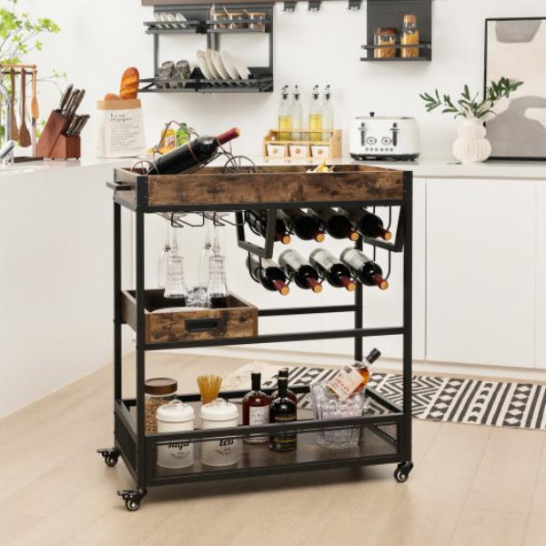 Picture of Total Tactic KC55611CF 3-Tier Industrial Buffet Serving Cart with Wine Rack&#44; Rustic Brown