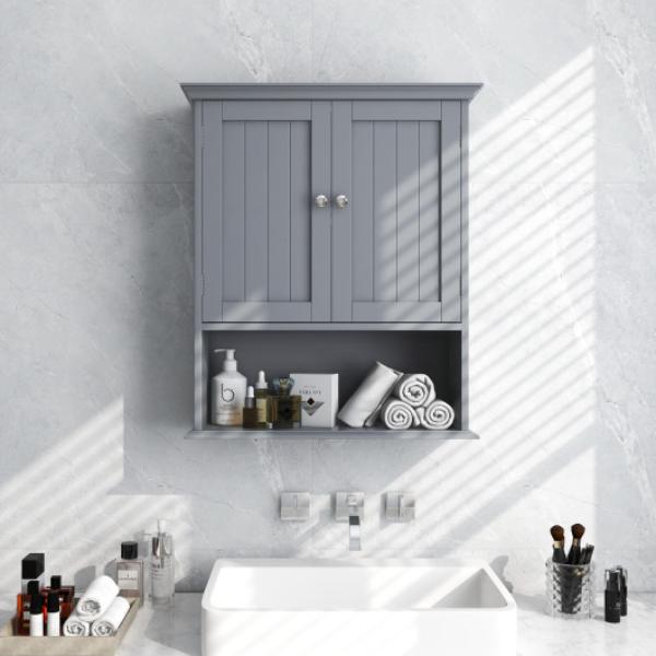 HW66689GR Wall Mount Bathroom Cabinet Storage Organizer with Doors & Shelves, Gray