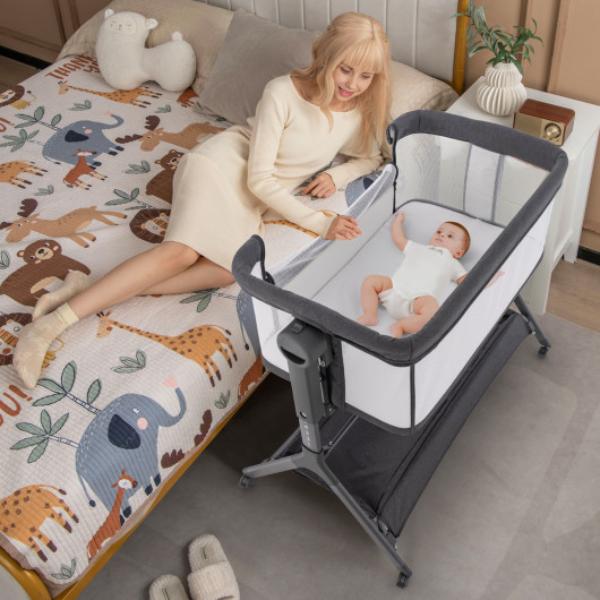 BC10156GR Height Adjustable Bedside Sleeper with Storage Bag & Soft Mattress for Baby, Gray