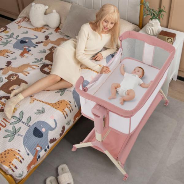 BC10156PI Height Adjustable Bedside Sleeper with Storage Bag & Soft Mattress for Baby, Pink
