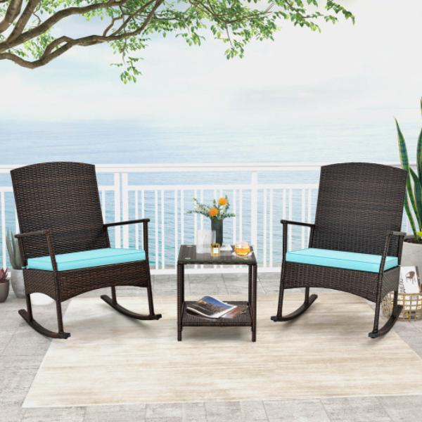 HW71631TU 3 Piece Patio Rocking Set Wicker Rocking Chairs with 2-Tier Coffee Table - Turquoise