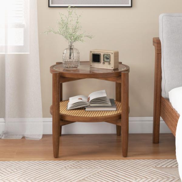 Picture of Total Tactic JV11278 Rattan Round Side End Table with Tempered Glass Tabletop