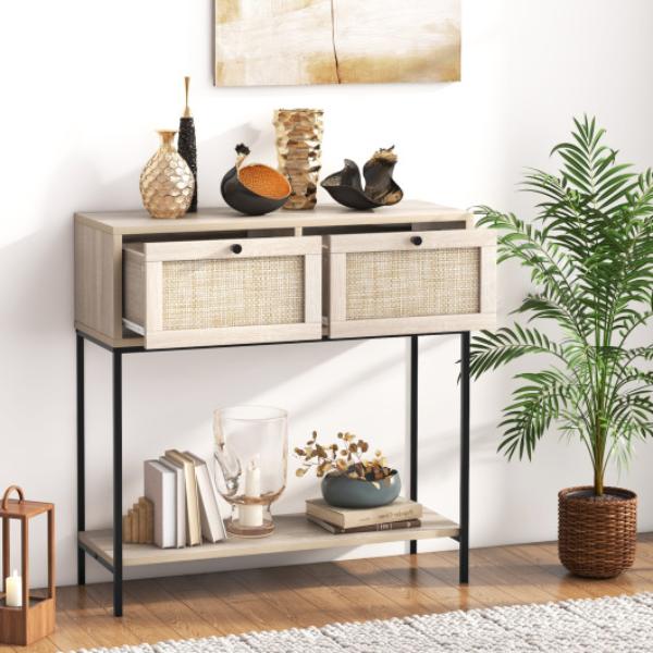 Picture of Total Tactic JV11417OK Rattan Console Table Boho Entryway Table with 2 Rattan Drawers & Open Storage Shelf&#44; Oak