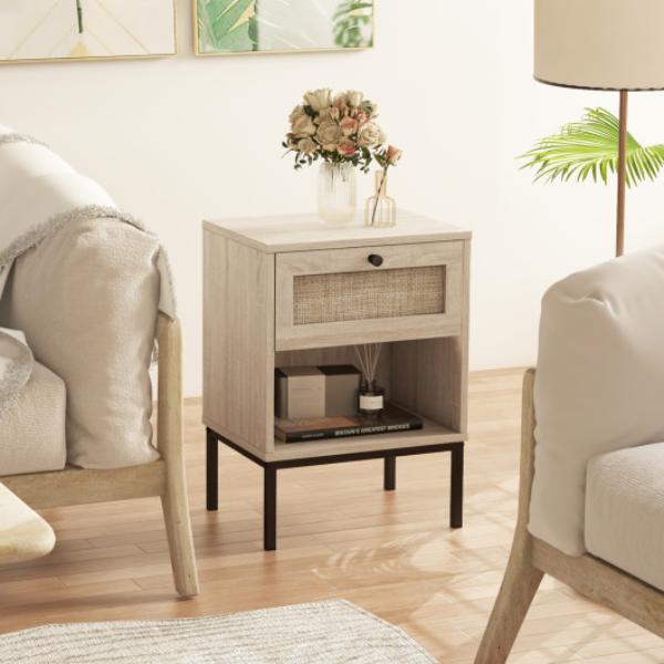 Picture of Total Tactic JV11420OK Rattan Nightstand Boho End Table with Rattan Drawer & Open Shelf&#44; Oak