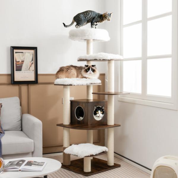 Picture of Total Tactic PS7431CF 7-Layer Wooden Cat Tree Tall Cat Tower with Sisal Posts & Condo&#44; Brown