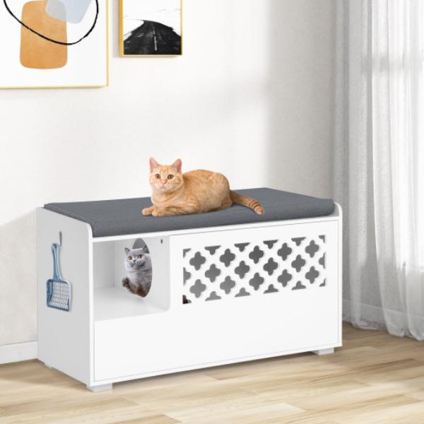 Picture of Total Tactic PV10097WH Cat Litter Box Enclosure with Removable Cushion & Front Open Door&#44; White