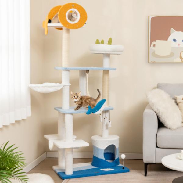 Picture of Total Tactic PV10122BL Multi-level Ocean-themed Cat Tree Tower with Sisal Covered Scratching Posts&#44; Blue