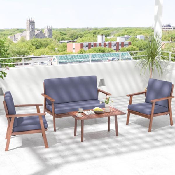 HW71498GR- 4 Piece Outdoor Acacia Wood Conversation Set with Soft Seat & Back Cushions, Gray