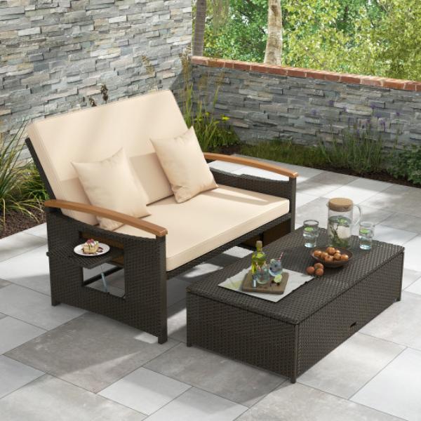 HW71627BN- Outdoor Wicker Daybed with Folding Panels & Storage Ottoman, Beige