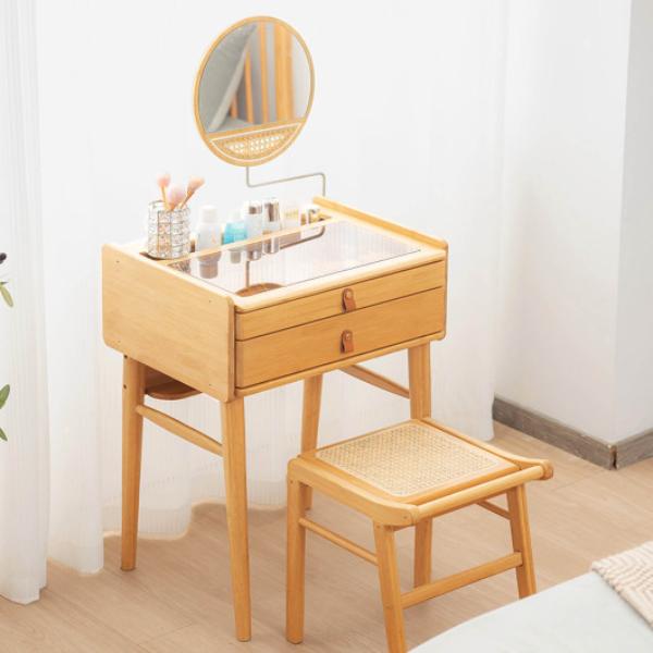 JV11087NA-JV11088NA Bamboo Makeup Vanity Table with Stool & Rotating Mirror, Natural