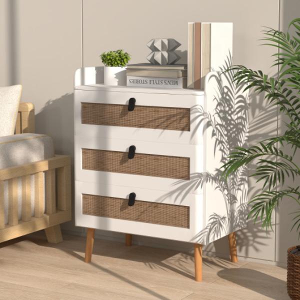 JV11095WH Modern End Table with 3 Rattan Decorated Drawers, White