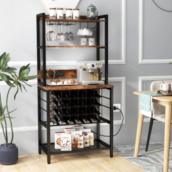 Picture of Total Tactic JV11143US-CF Wine Bar Cabinet Wine Rack with 4 Tier Storage Shelves & Glass Holders&#44; Brown