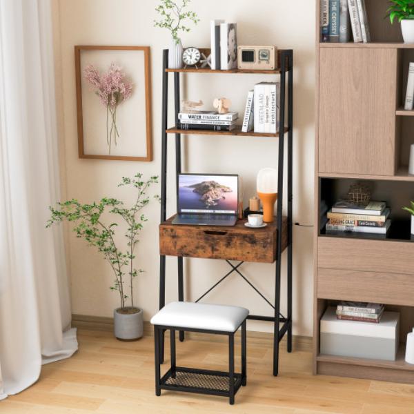 JV11144DK Ladder Vanity Desk Set with Flip Top Mirror & Cushioned Stool, Black