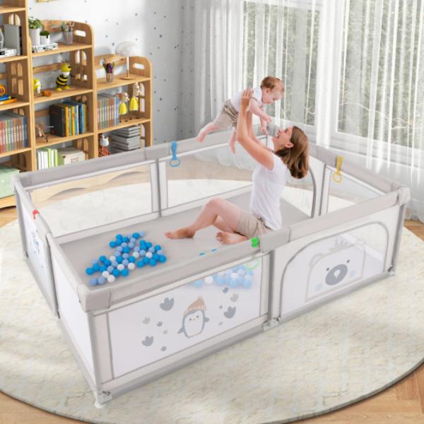 BB5821HS-PB Large Baby Playpen with Pull Rings Ocean Balls & Cute Pattern - Penguin