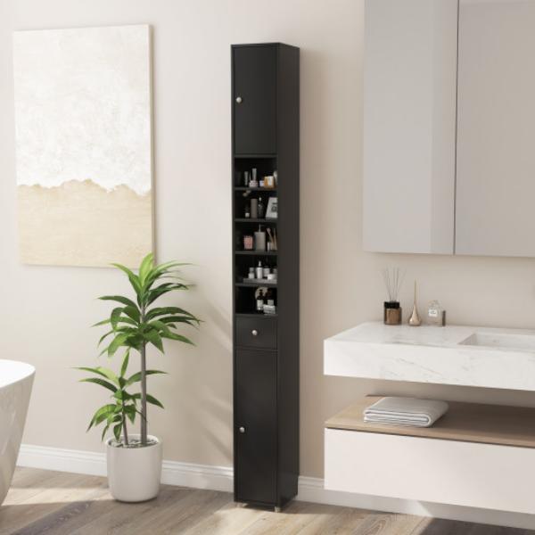 JV10766DK Freestanding Slim Bathroom Cabinet with Drawer & Adjustable Shelves, Black