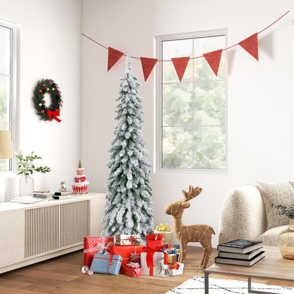 CM24577US 5 ft. Pre-Lit Artificial Christmas Tree with Snow-Flocked Slim Pencil Xmas Decor, Green & White
