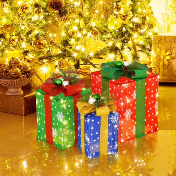 CM24609US 3 Piece Christmas Lighted Gift Boxes Set Decoration with 52 Pre-lit LED Lights, Multi Color -  Total Tactic