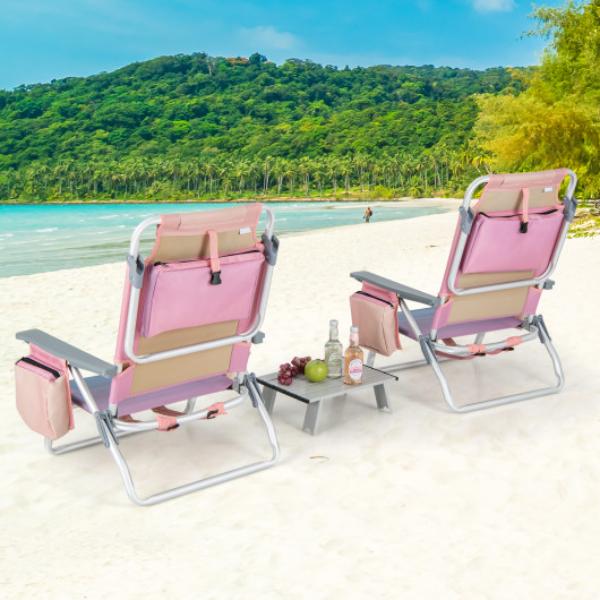 NP10020CS-2 5-Position Outdoor Folding Backpack Beach Table Chair Reclining Chair Set, Pink - Pack of 2