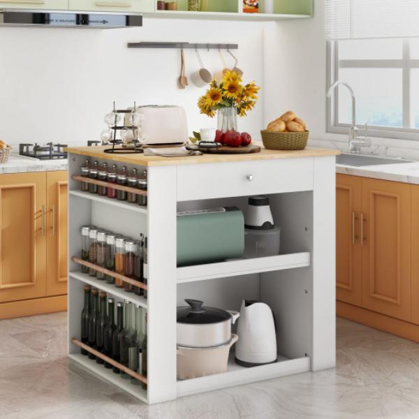 KC56080WH- Modern Kitchen Island with Rubber Wood Countertop & Storage, White