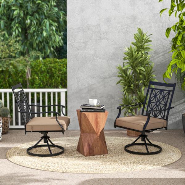 NP11335CF-2 2 Piece Patio Swivel Chairs with Blossom Pattern Backrest & Cushions, Black