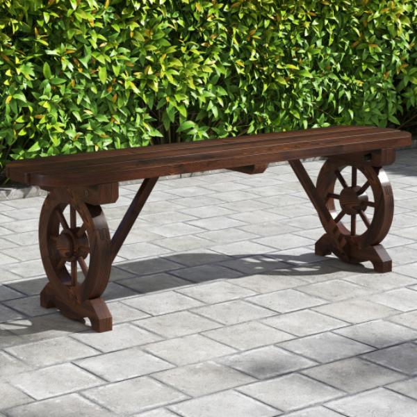 Picture of Total Tactic NP11391 Patio Rustic Wood Bench with Wagon Wheel Base&#44; Rustic Brown