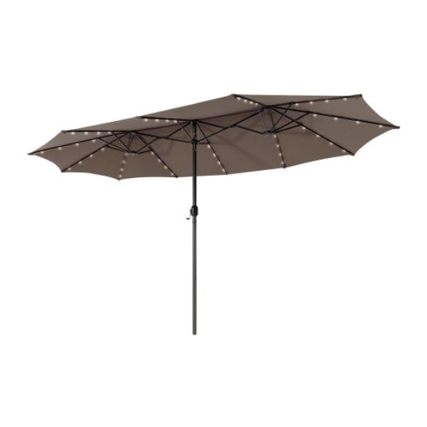NP11394CF 15 ft. Twin Patio Umbrella with 48 Solar LED Lights, Light Brown