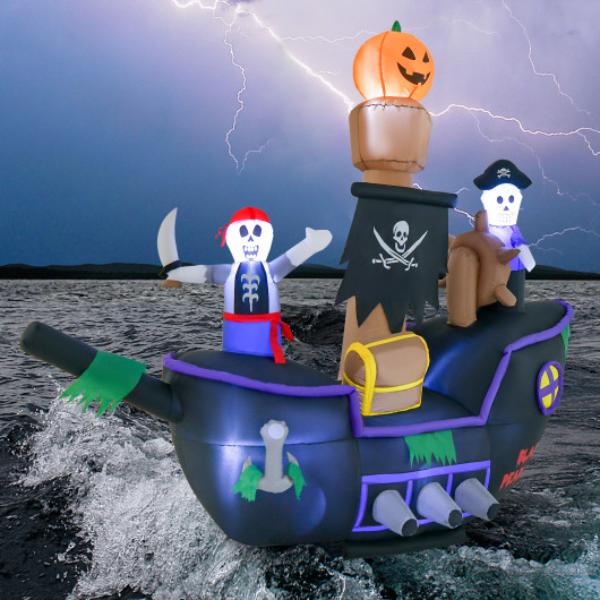 TT10011US 7 ft. Long Halloween Inflatable Pirate Ship with LED Lights Blower, Multi Color