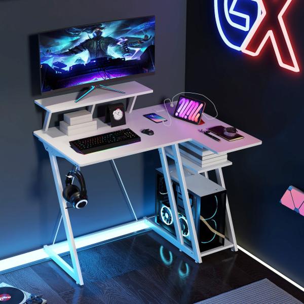 Picture of Total Tactic CB10584US-WH L-Shaped Gaming Desk with Outlets & USB Ports&#44; White