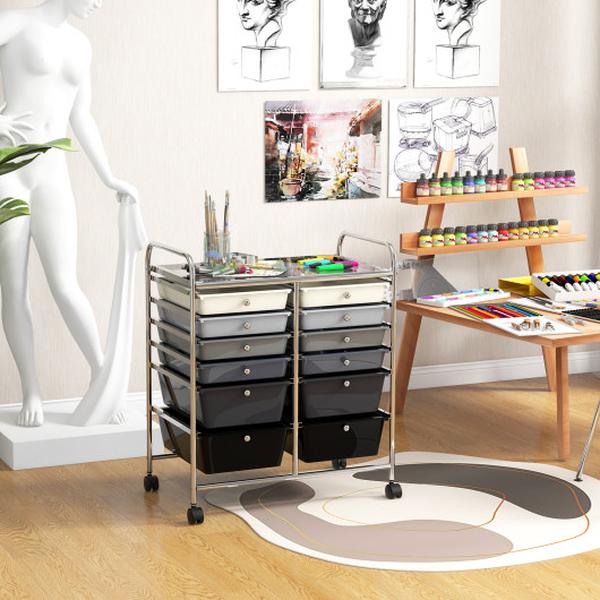 HW56500ZJ 12 Drawers Rolling Storage Cart with Removable Drawers & Lockable Wheels, Grey
