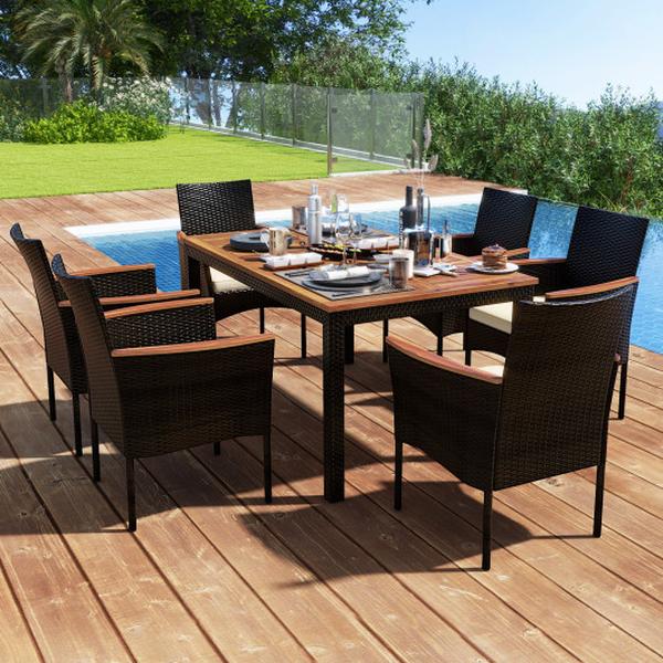 HW71505BN- Rattan Patio Dining Set with Stackable Chairs & Umbrella Hole - 7 Piece