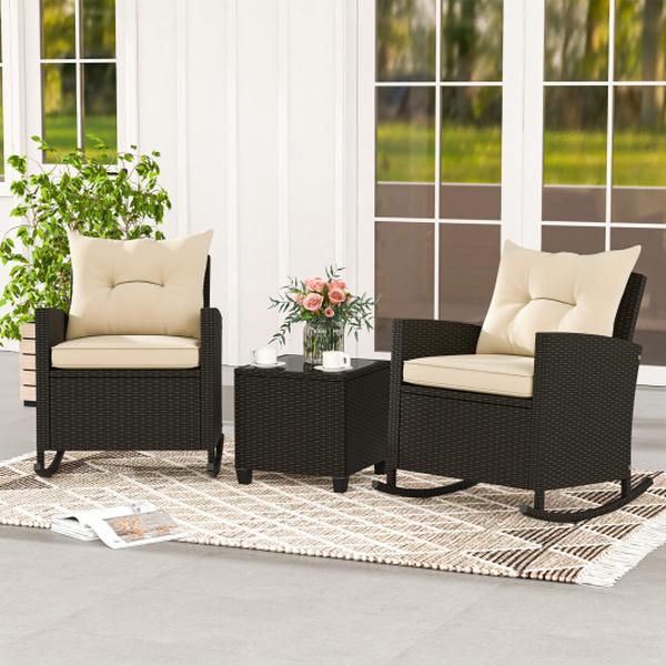Patio Rattan Roker Chairs with Tempered Glass Table & Soft Cushions for Backyard Poolside Porch, Beige