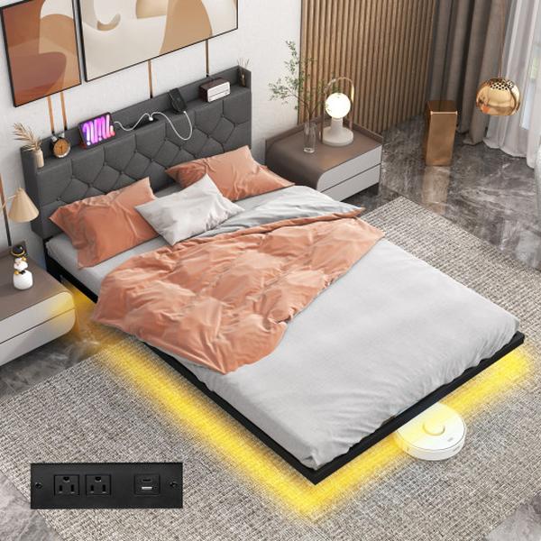 HU10661GR-F Full Size Floating Bed Frame with LED & Headboard & Charging Station