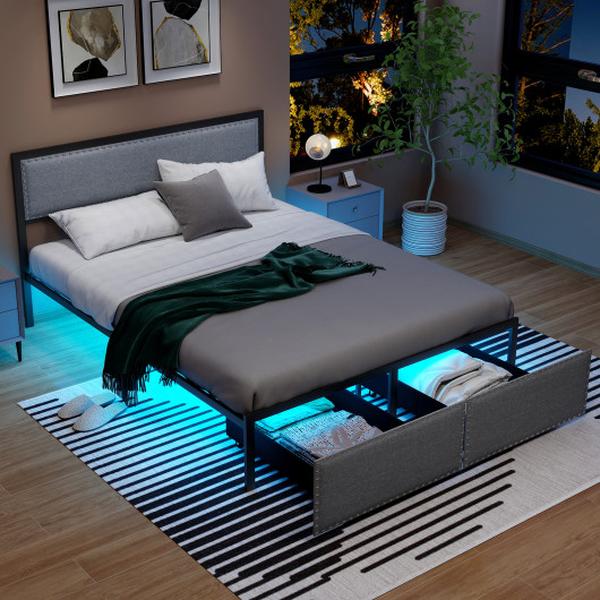 HU10701GR-Q Queen Size Bed Frame with LED Lights Drawer & Metal Slats