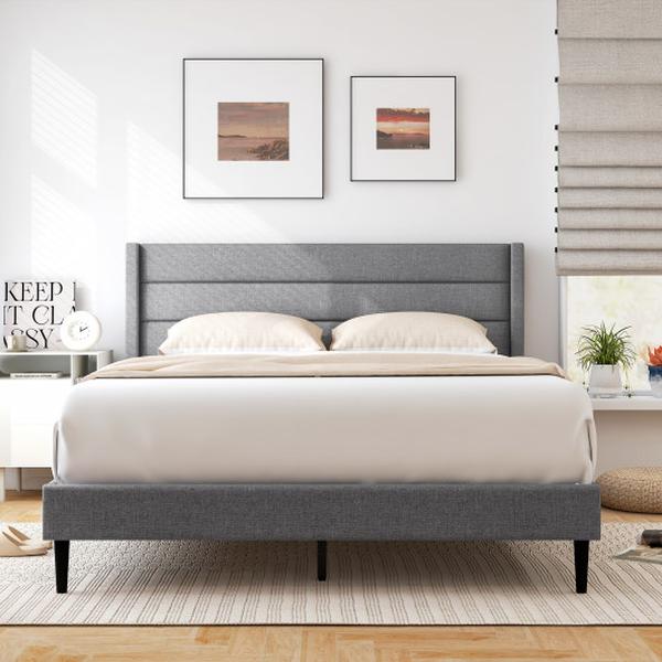 HU10729GR-Q Queen Size Linen Upholstered Platform Twin-Queen Bed Frame with Wingback Headboard