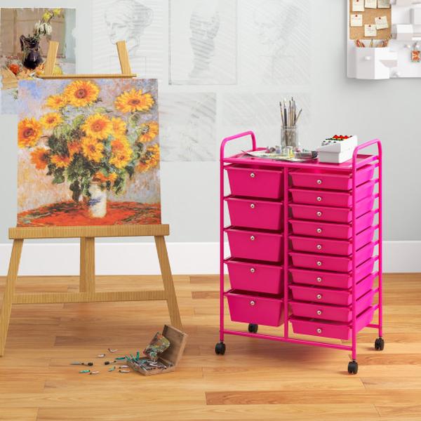 HW53825HP 15 Drawers Utility Rolling Organizer Cart Multi-Use Storage, Pink