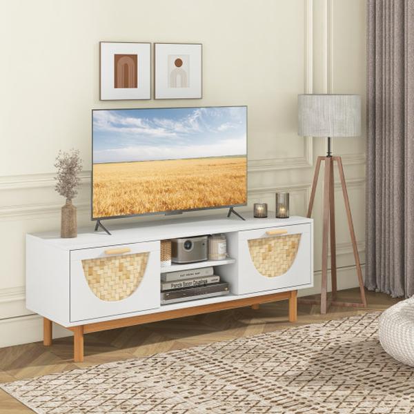 HV10522WH Mid Century Modern TV Stand Entertainment Center for 55 in. TV with 2 Drawers & Bamboo Woven Fronts, White
