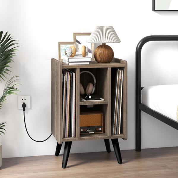 JV11163US-OA Vinyl Record Storage Turntable Stand with 4 Open Shelves, Grey