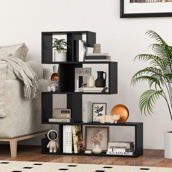 JV11627DK 5-Tier S-Shaped Bookshelf Geometric Z-Shelf Bookcase with Open Cubes, Black