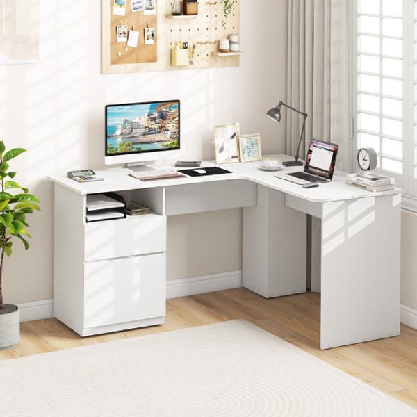 JV11698WH L-Shaped Computer Desk with Letter File Drawer, White