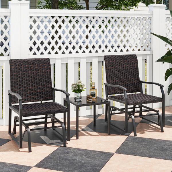NP11491BN Patio Gliding Set with Tempered Glass Coffee Table, Brown - 3 Piece