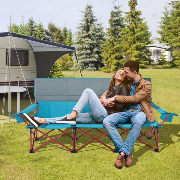 NP11632NY 3 Person Folding Camping Chair with 2 Cup Holders Cotton Padding & Storage Bag, Blue