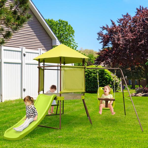 NP11649GN 4-in-1 Swing Set with Covered Playhouse Fort & Height Adjustable Baby Seat, Green -  Total Tactic, NP11649GN+