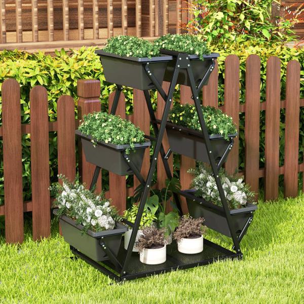 NP11740DK 3-Tier Vertical Raised Garden Bed with 4 Wheels & 6 Container Box, Black