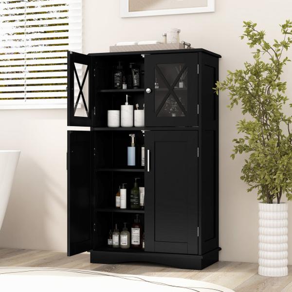 BA7884BK 4 Soor Freeestanding Bathroom Floor Cabinet with Adjustable Shelves, Black