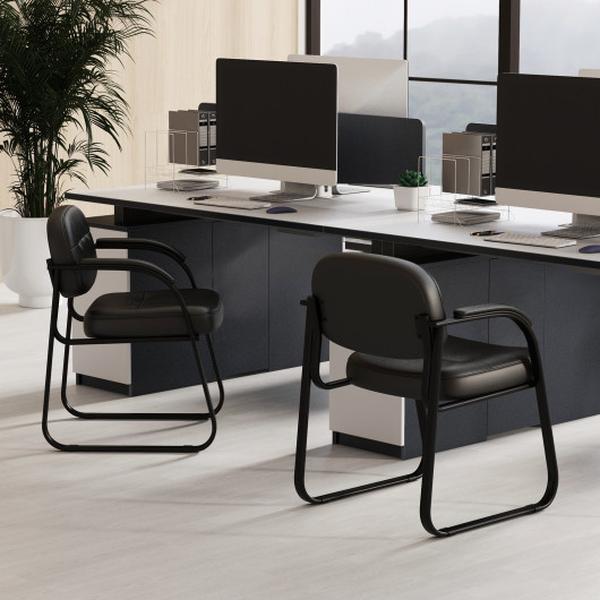 CB10596DK-2 Waiting Room Reception Chair with Sled Base & Padded Arm Rest, Black - Set of 2