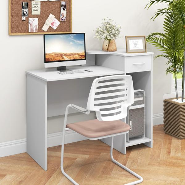 CB10680WH Modern Laptop PC Computer Desk with Adjustable Shelf & Cable Hole, White
