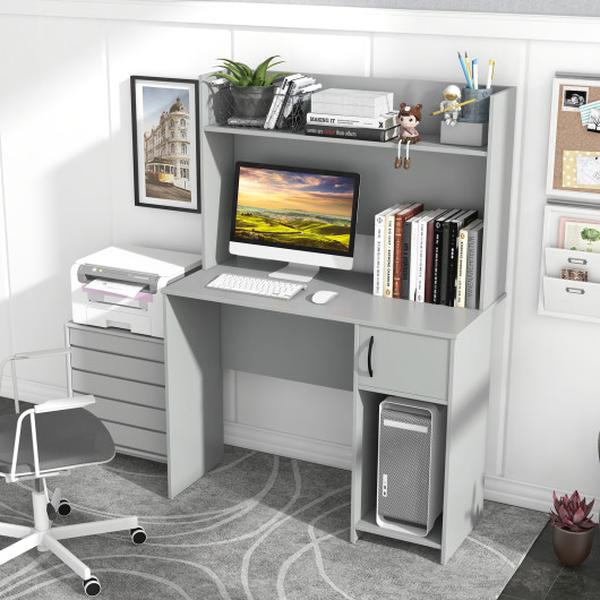 CB10684GR Home Office Desk with Raised Display Shelf & 2 Open Shelves, Grey