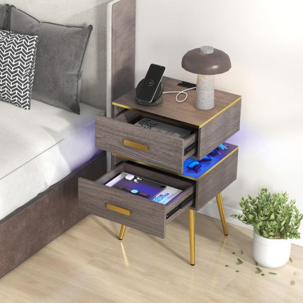 HU10584US-GR Nightstand Sofa Side Table with Charging Station & 2 Drawers & LED lights, Grey