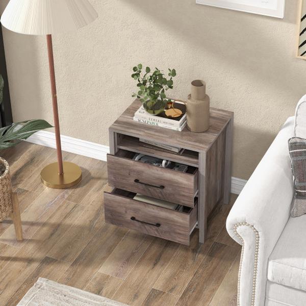 HU10637BN Nightstand with 2 Drawers Farmhouse Bed Side Table with Open Storage Shelf, Grey